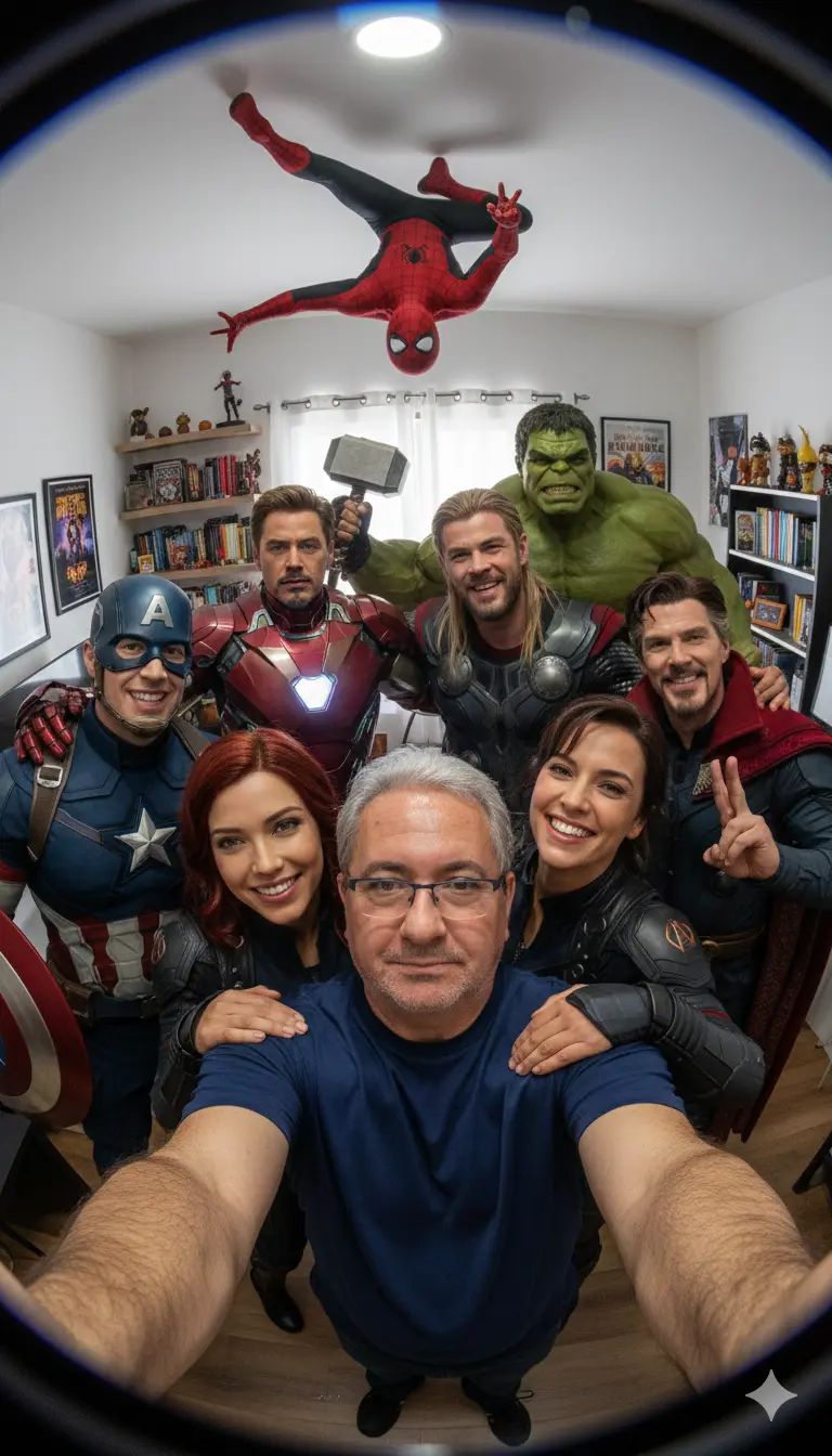 Selfie con superhéroes de Marvel en un salón