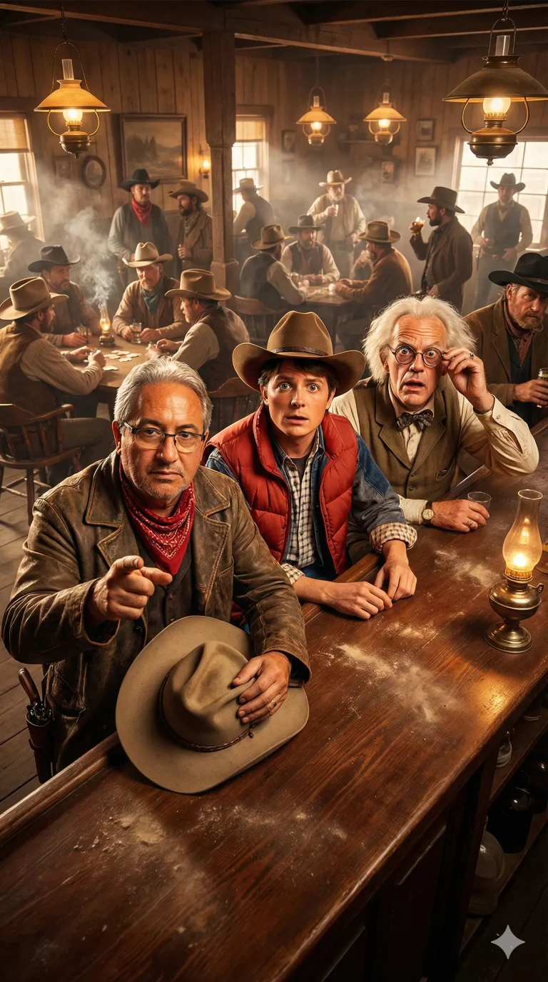 Retrato hiperrealista generado con IA de hombre en saloon del viejo oeste con estilo cinematográfico