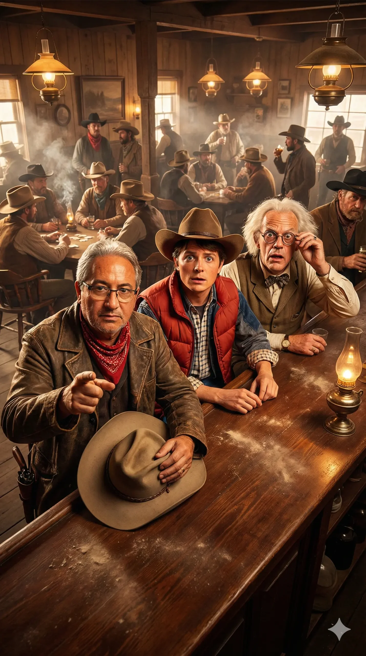 Retrato hiperrealista generado con IA de hombre en saloon del viejo oeste con estilo cinematográfico